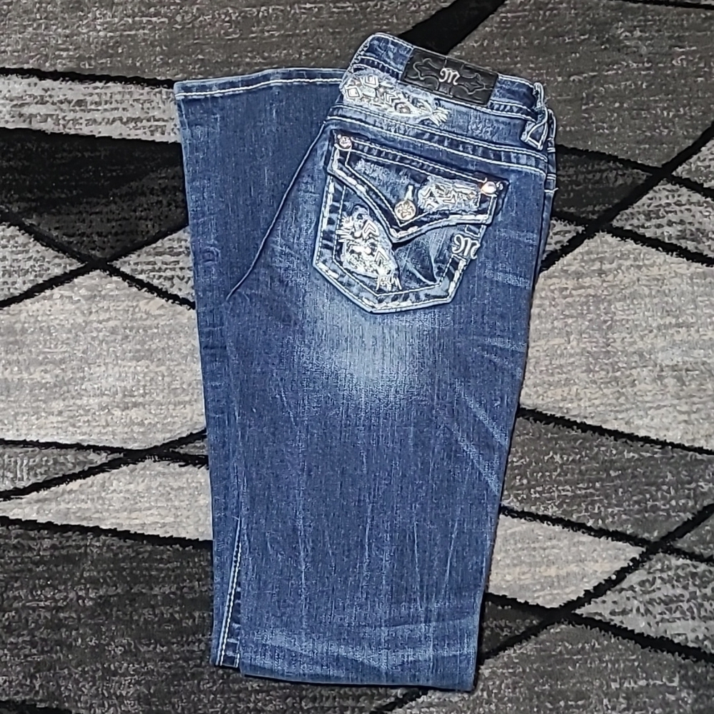 MISS ME EMBROIDERED BLING STUD DISTRESSED MID-RISE BOOT-CUT DENIM JEAN